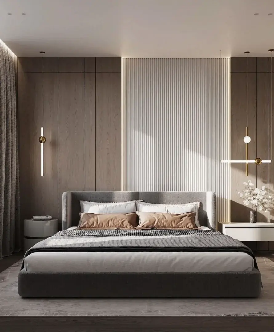Modern 2026 bed headboard wall design with wood panels, decorative wall panels, and hidden lighting for a luxury bedroom
