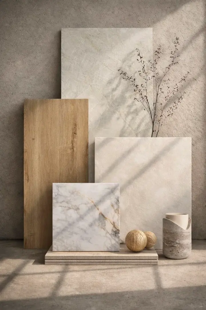 Choosing suitable interior design materials according to budget, including wood, marble, paint, and flooring samples