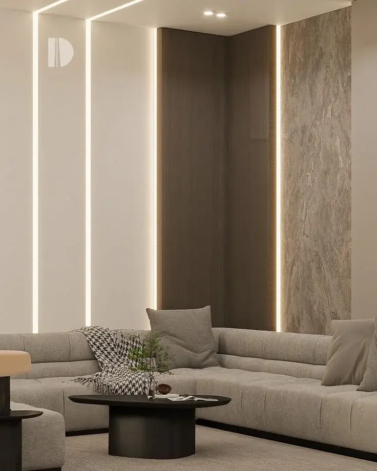 Elegant interior design combining wood, marble, metal and fabrics in a balanced modern style