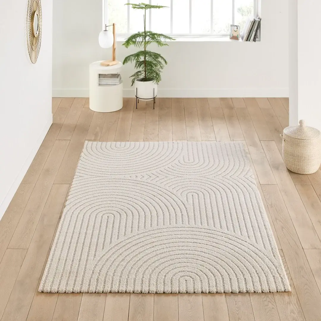 Modern living room with a stylish rug coordinated with a sofa, neutral colors, and elegant interior design.
