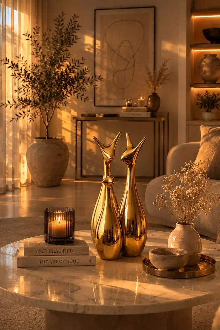 Elegant living room with subtle gold accents in lighting, mirrors, and accessories creating a balanced luxurious interior design.