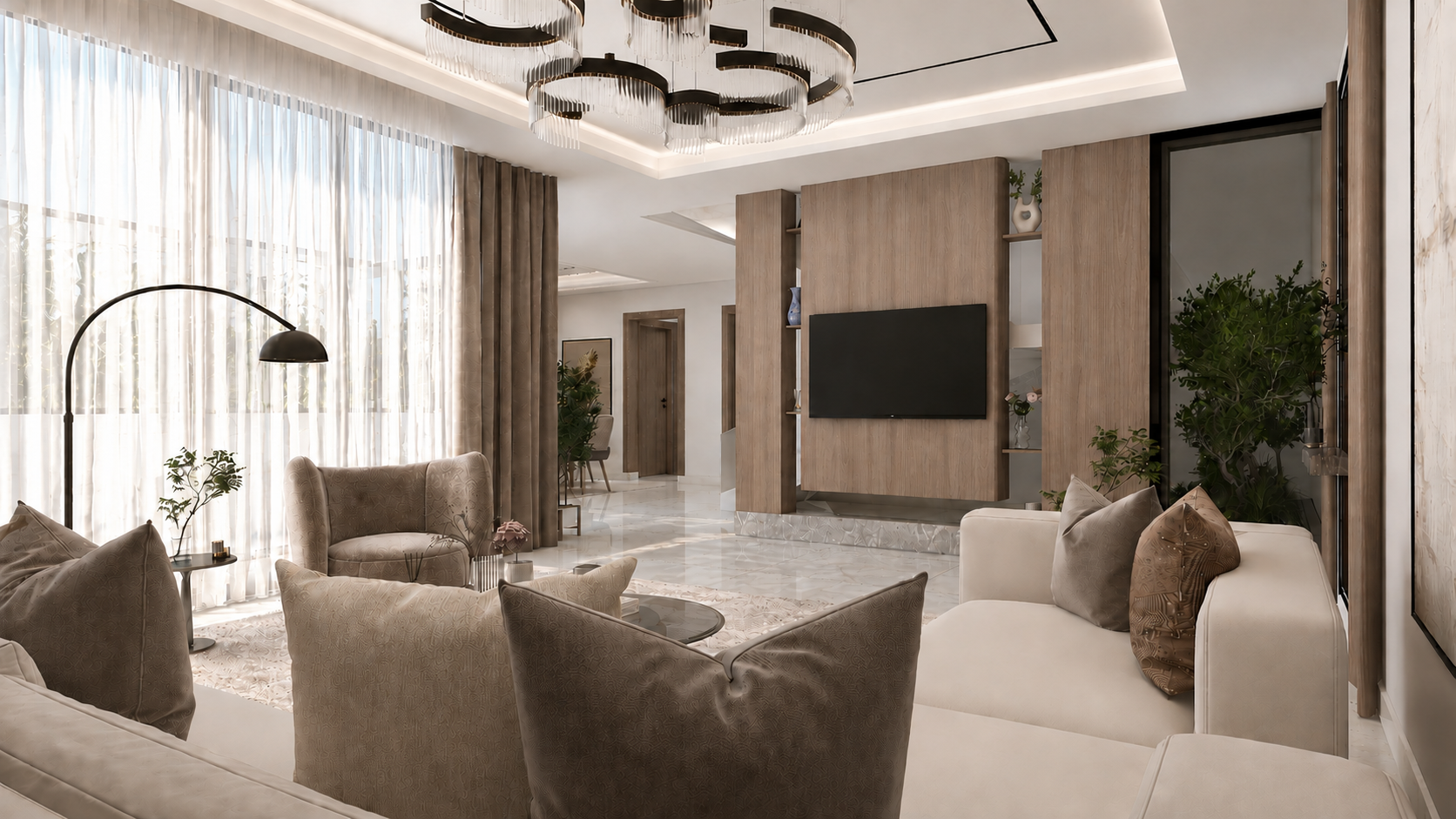 Warm Modern Living & Dining Space with Sculpted Wood & Mirror Details 1