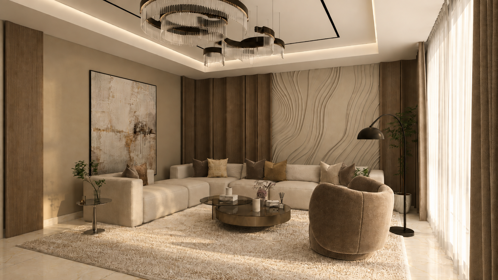Warm Modern Living & Dining Space with Sculpted Wood & Mirror Details 2