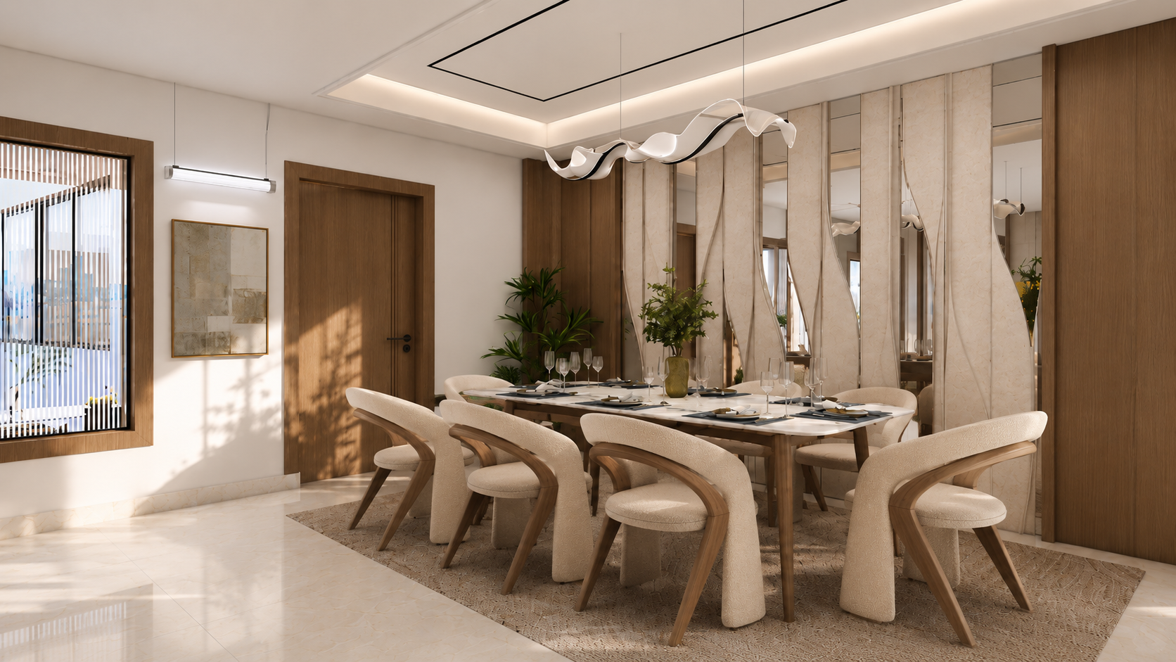 Warm Modern Living & Dining Space with Sculpted Wood & Mirror Details 4