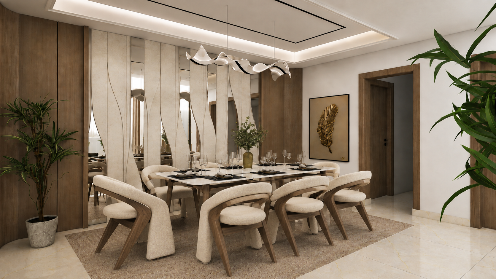 Warm Modern Living & Dining Space with Sculpted Wood & Mirror Details 3