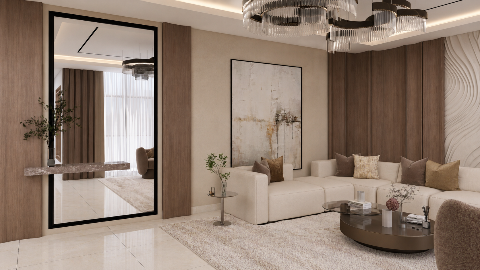 Warm Modern Living & Dining Space with Sculpted Wood & Mirror Details 5