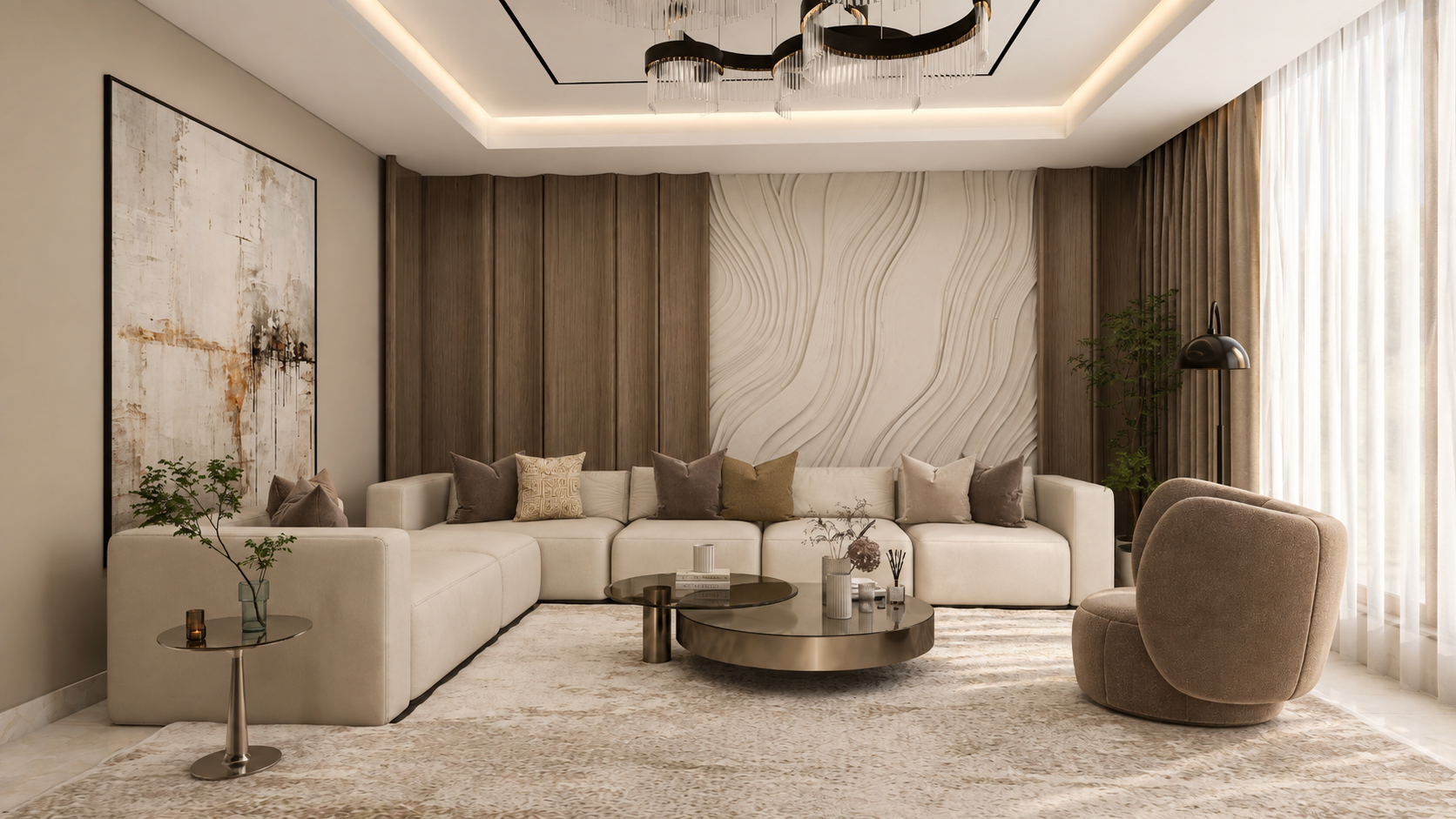 Warm Modern Living & Dining Space with Sculpted Wood & Mirror Details 6