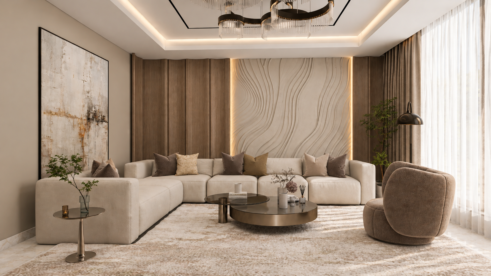 Warm Modern Living & Dining Space with Sculpted Wood & Mirror Details