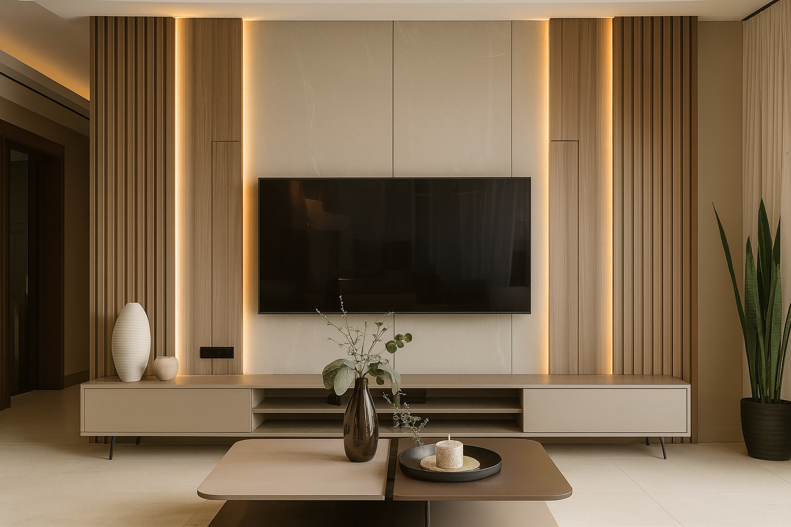 Modern TV Unit with stone Backing and Wooden Frames