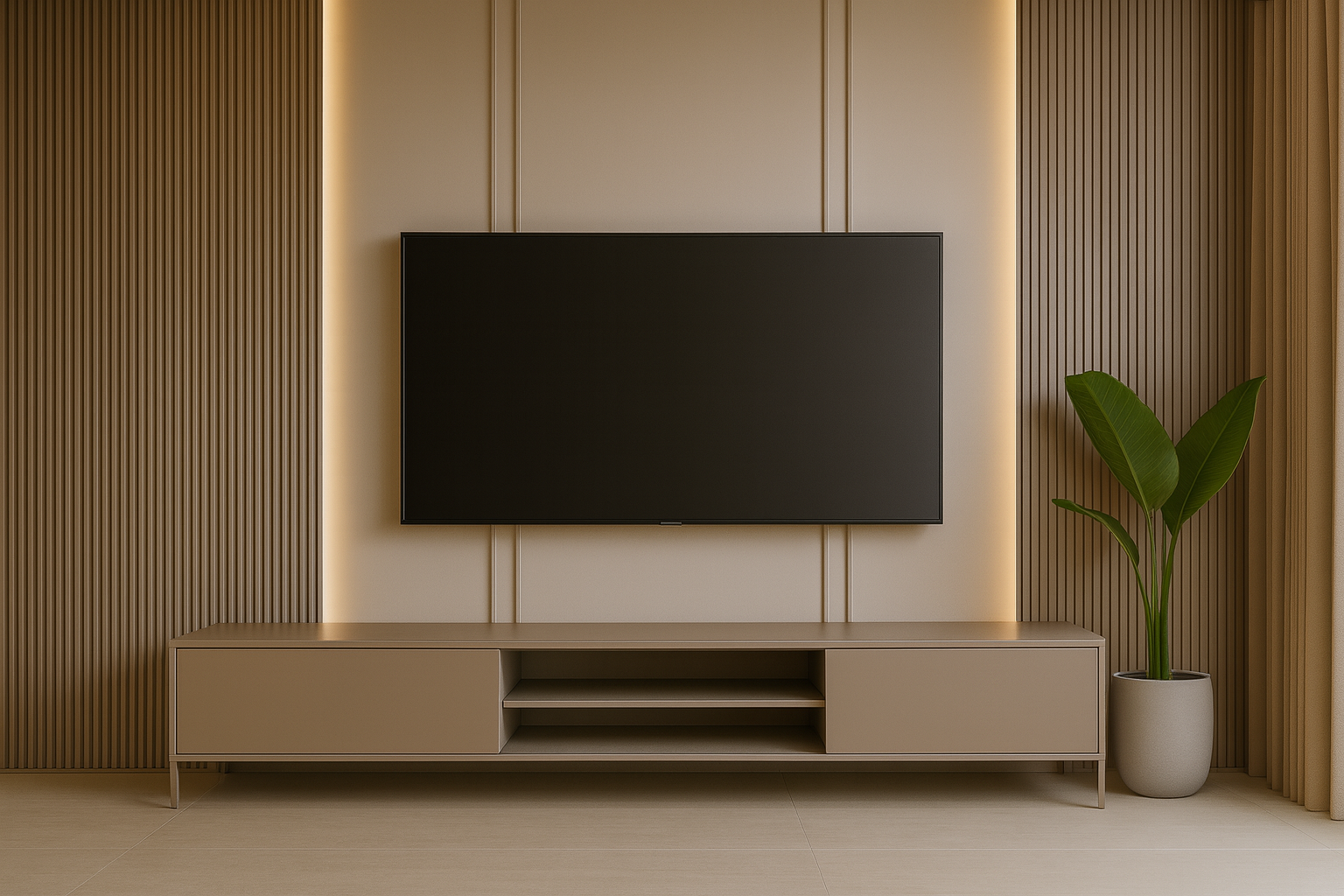 Modern TV Unit with Wooden Lines and Soft Side Lighting