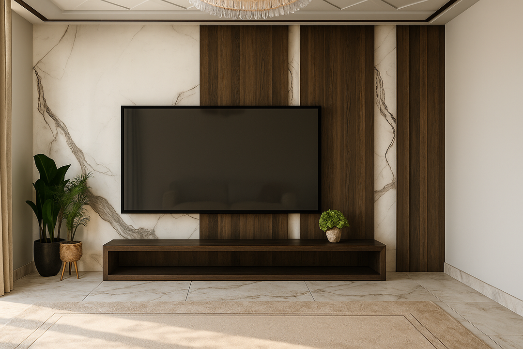 وحدة تلفزيون مودرن بخلفية رخام وخشب داكن