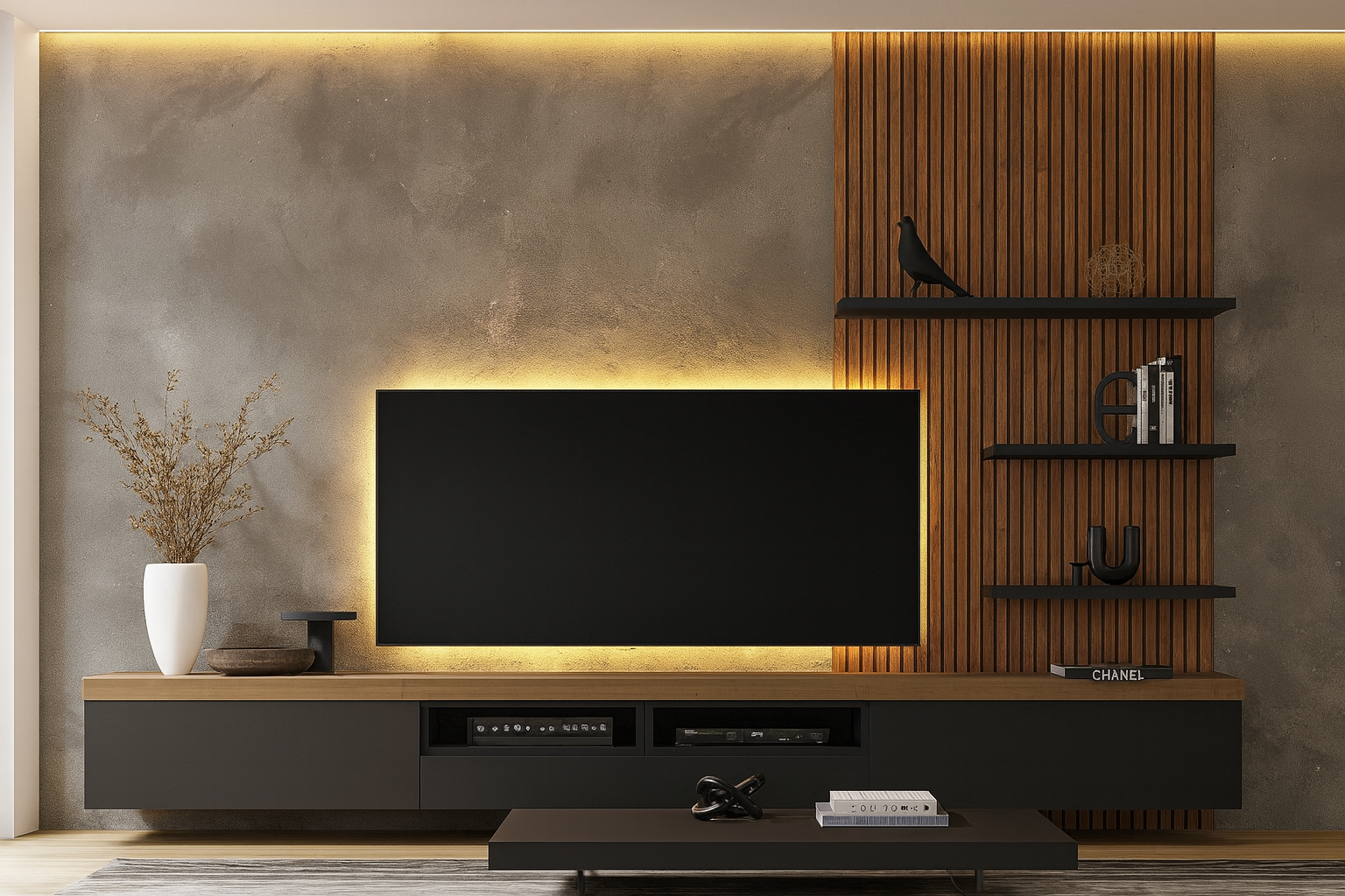 وحدة تلفاز بخطوط خشبية عصرية