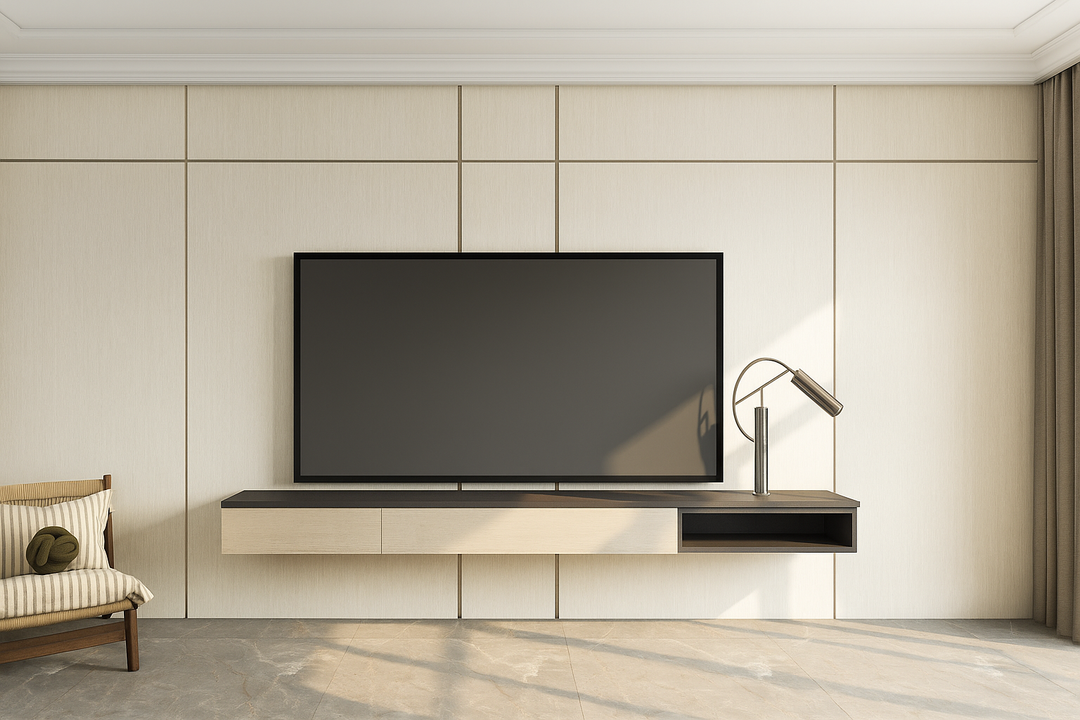 وحدة تلفزيون عصرية بخطوط جدارية ونغمات البيج الفاتح