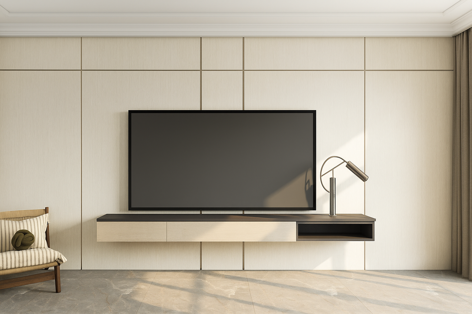 وحدة تلفزيون عصرية بخطوط جدارية ونغمات البيج الفاتح