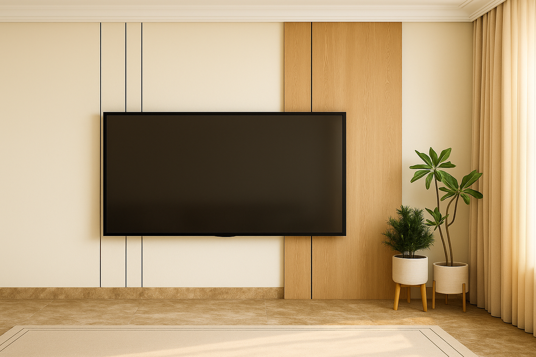 وحدة تلفزيون مودرن بخلفية خشب فاتح وخطوط ديكورية بسيطة