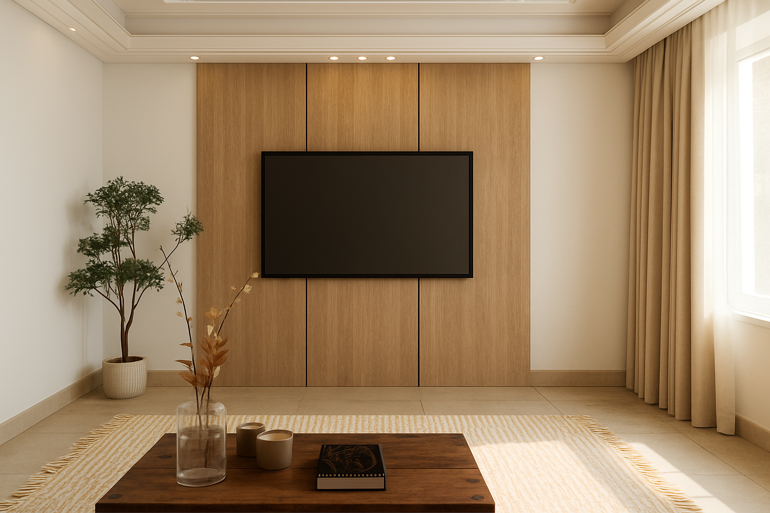 وحدة تلفزيون مودرن بخلفية خشب فاتح وتصميم بسيط