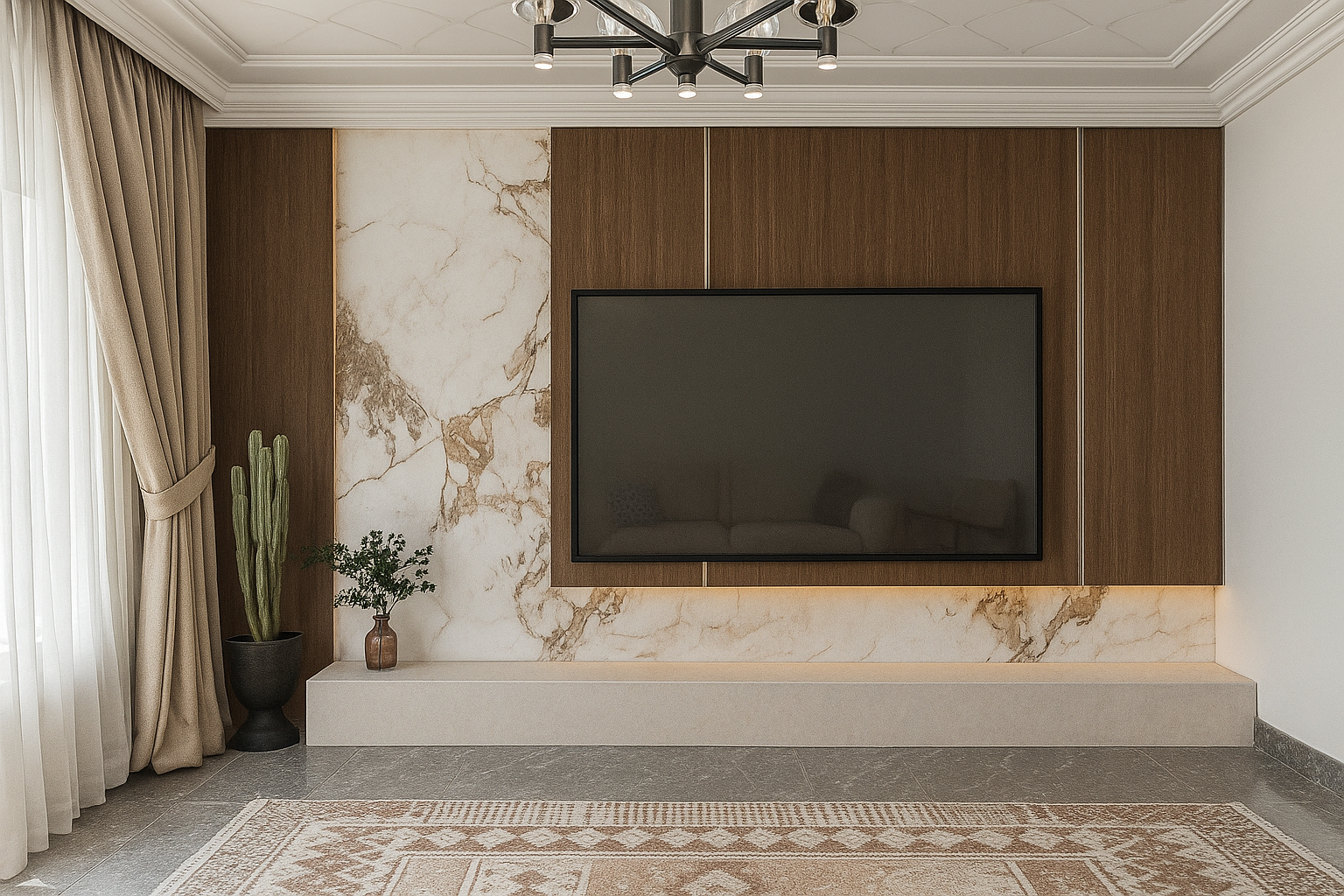 وحدة تلفزيون فاخرة بخلفية رخام وخشب مع إضاءة خفية