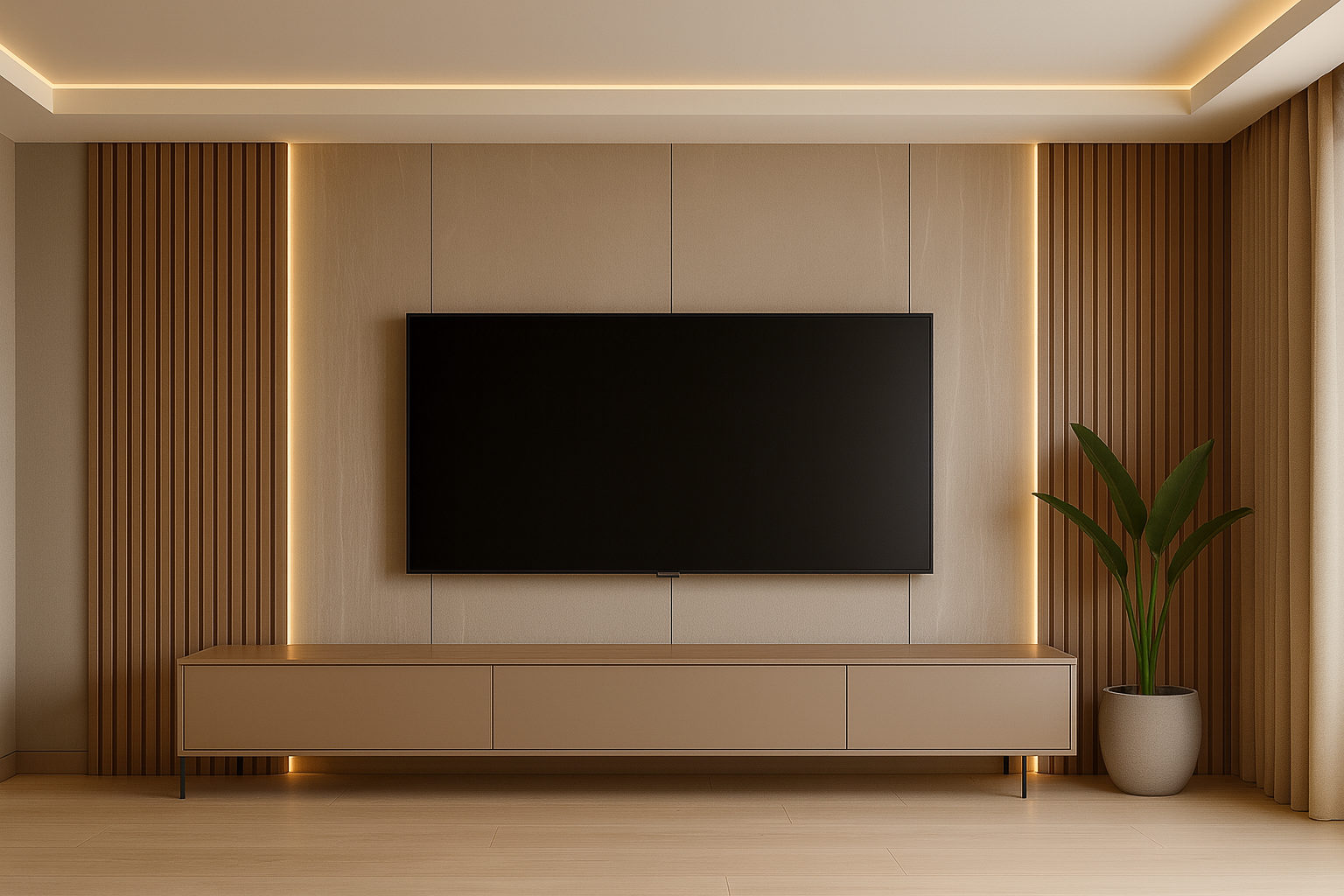 وحدة تلفزيون مودرن بخلفية فاتحة وإضاءة جانبية