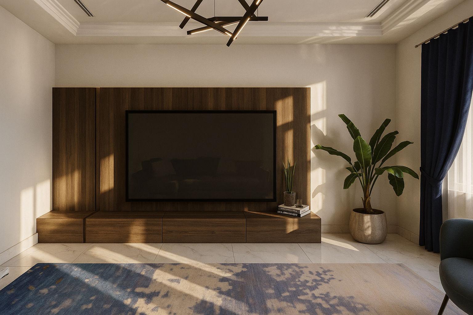 وحدة تلفزيون مودرن بخلفية خشب داكن وقاعدة تخزين أرضية