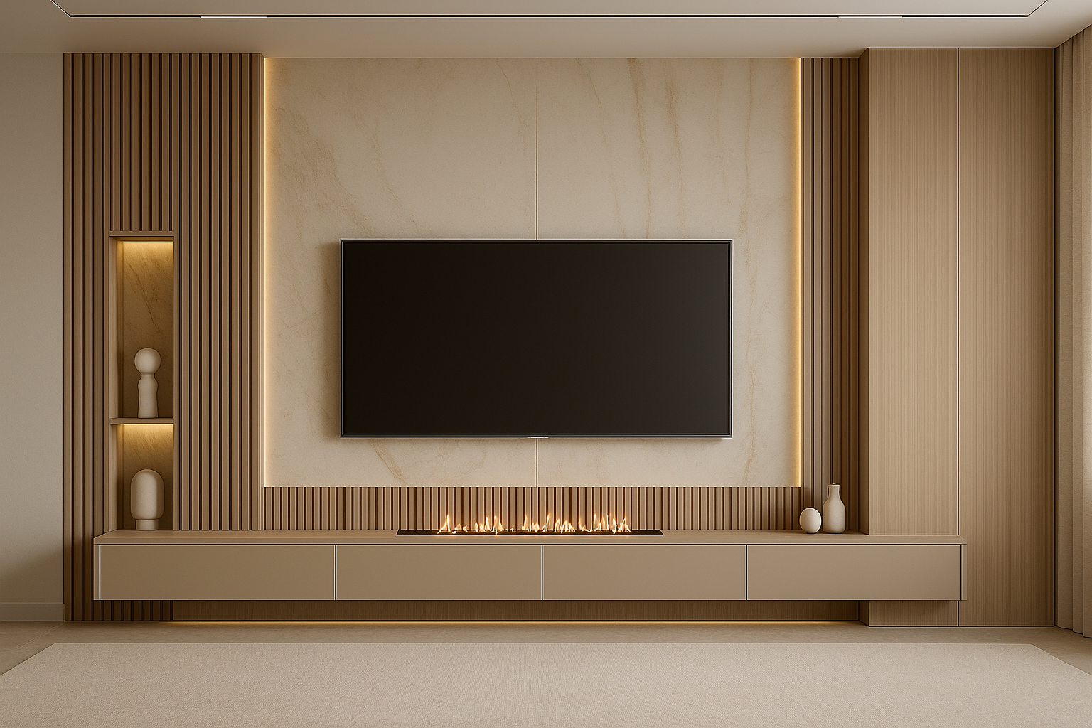 Modern TV Unit with Marble-Effect Panels, Wooden Slats & Warm-Lit Fireplace