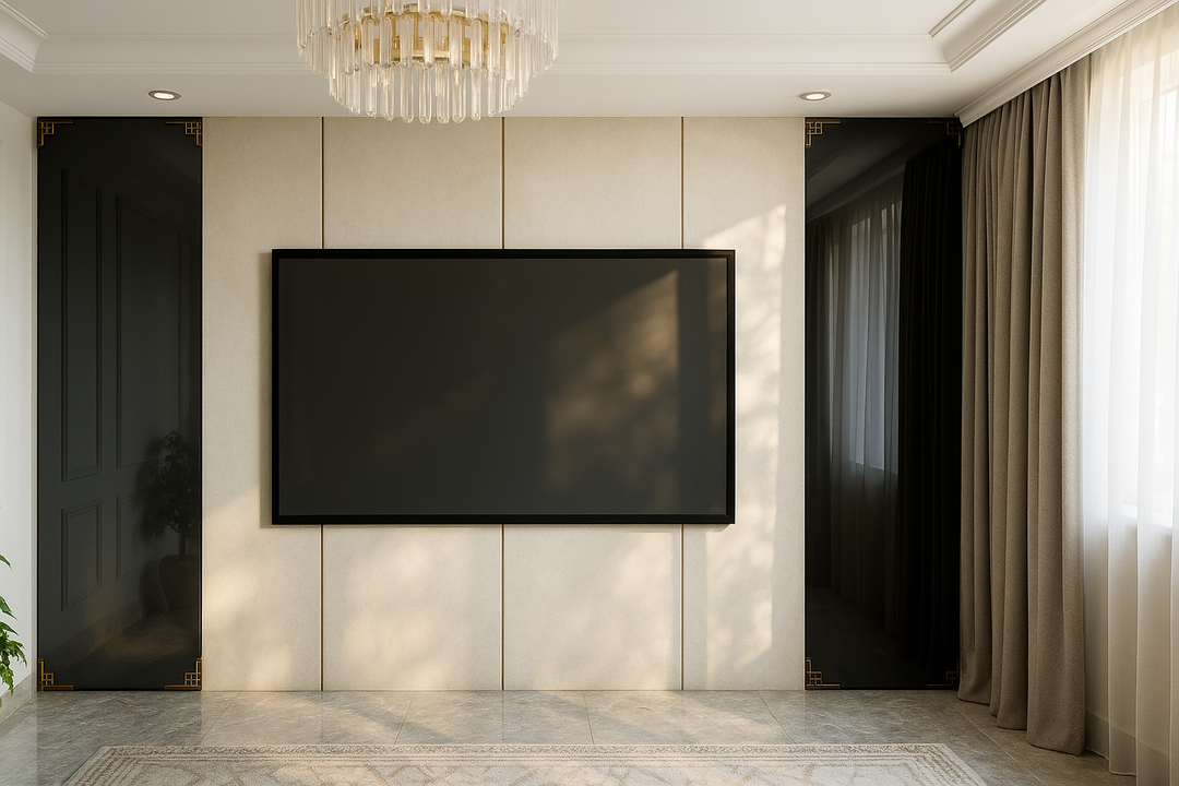وحدة تلفزيون نيوكلاسيك بخلفية بيج ولمسات زجاج أسود مزخرف
