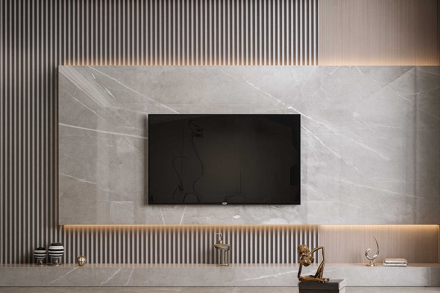 جدار التلفاز بتناغم الرخام