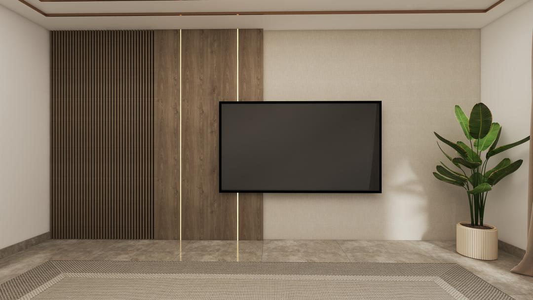 وحدة تلفزيون مودرن بخطوط خشبية ولوح خشب بإضاءة عمودية