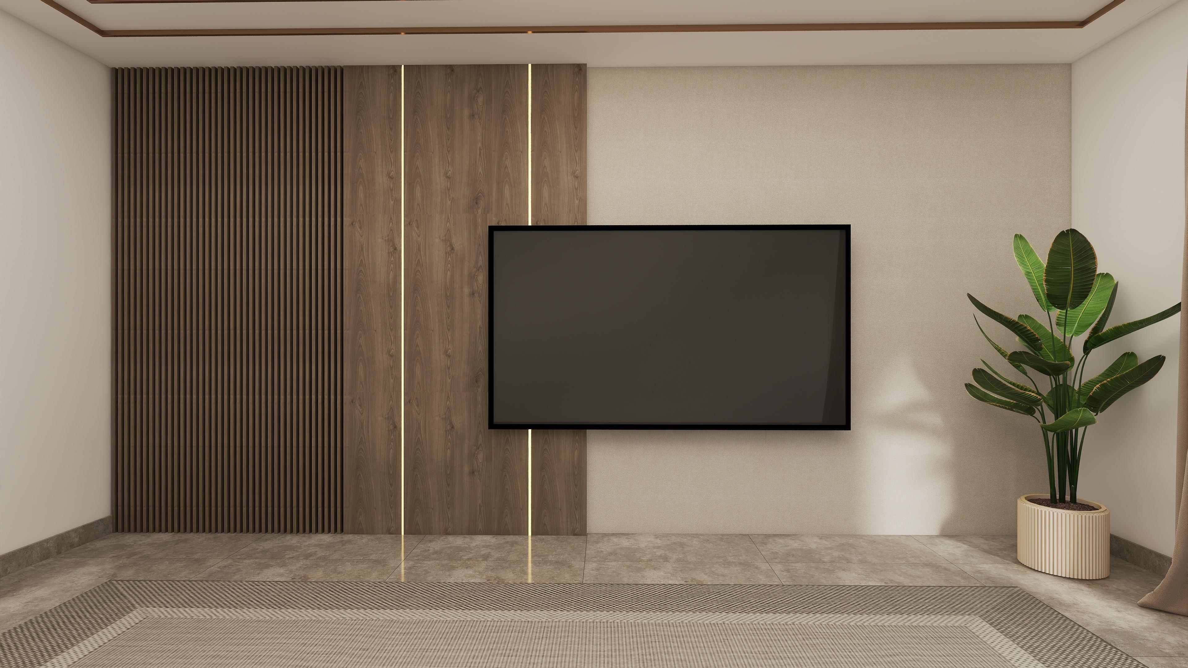 وحدة تلفزيون مودرن بخطوط خشبية ولوح خشب بإضاءة عمودية