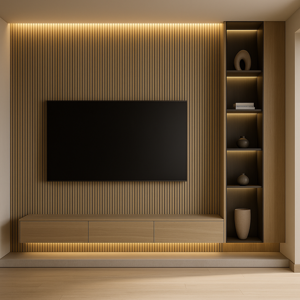 Modern TV Unit with Vertical Wooden Slats and Side Shelf with Hidden Lighting
