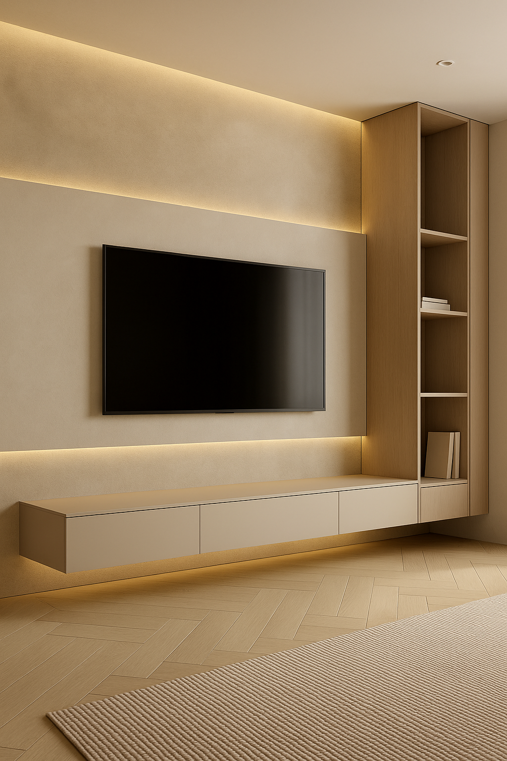 وحدة تلفزيون مودرن بخلفية مضيئة ورف جانبي خشبي