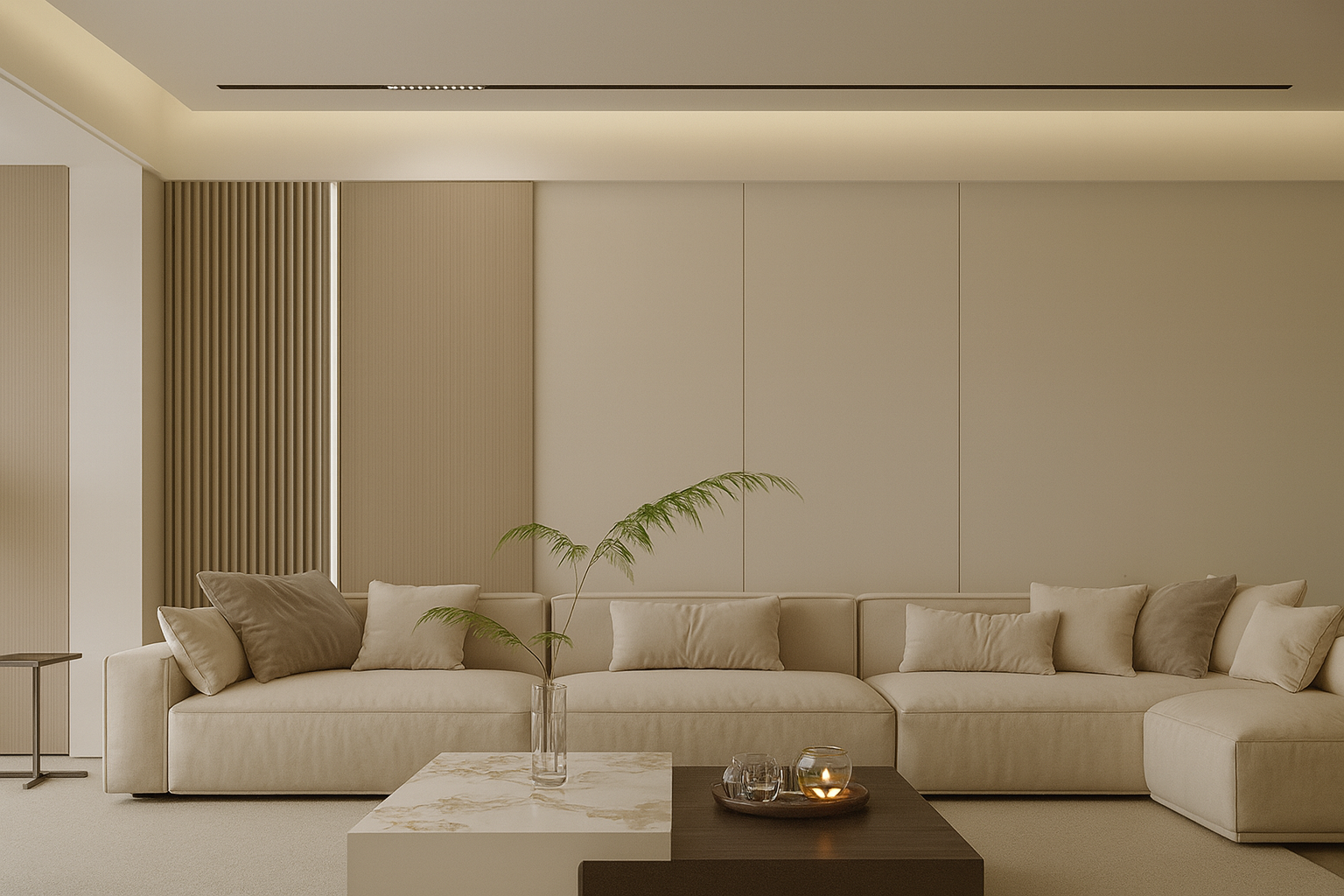 جدار ديكوري مودرن ببديل خشب وبديل شيبورد مع خطوط طولية وإضاءة