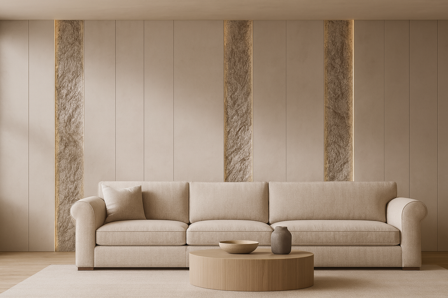 خلفية جدارية مودرن بخطوط طولية وفواصل حجرية مضاءة