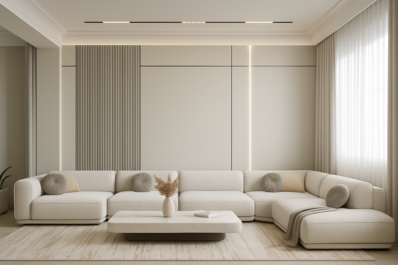 Modern Wall Background with Vertical Lines and Soft Shiplap Panels with Linear Lighting