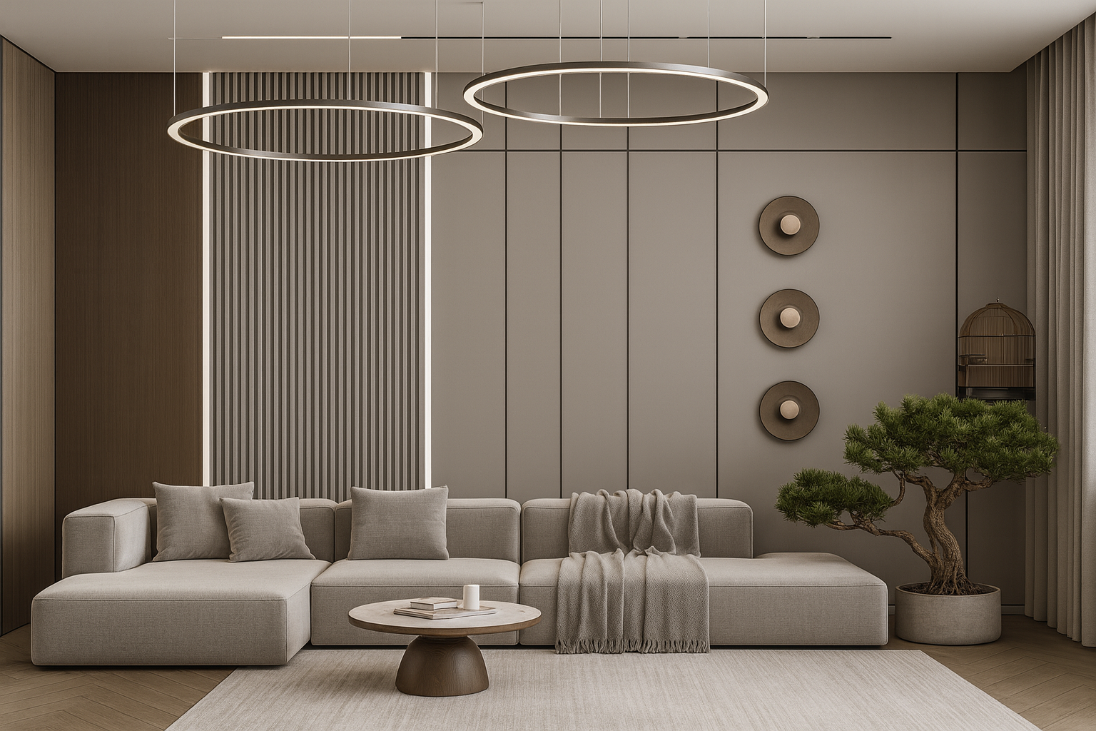 خلفية جدارية مودرن بخطوط طولية وبديل خشب مع تفاصيل ديكورية