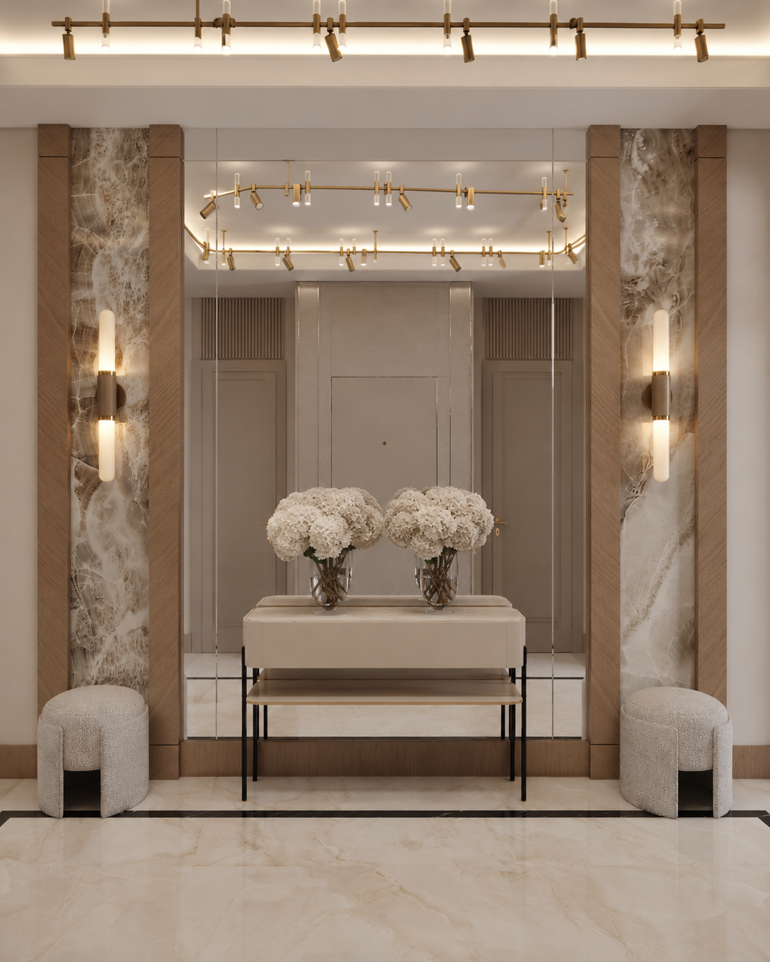 Luxury Modern Entrance with Marble, Wood and Mirror Accents