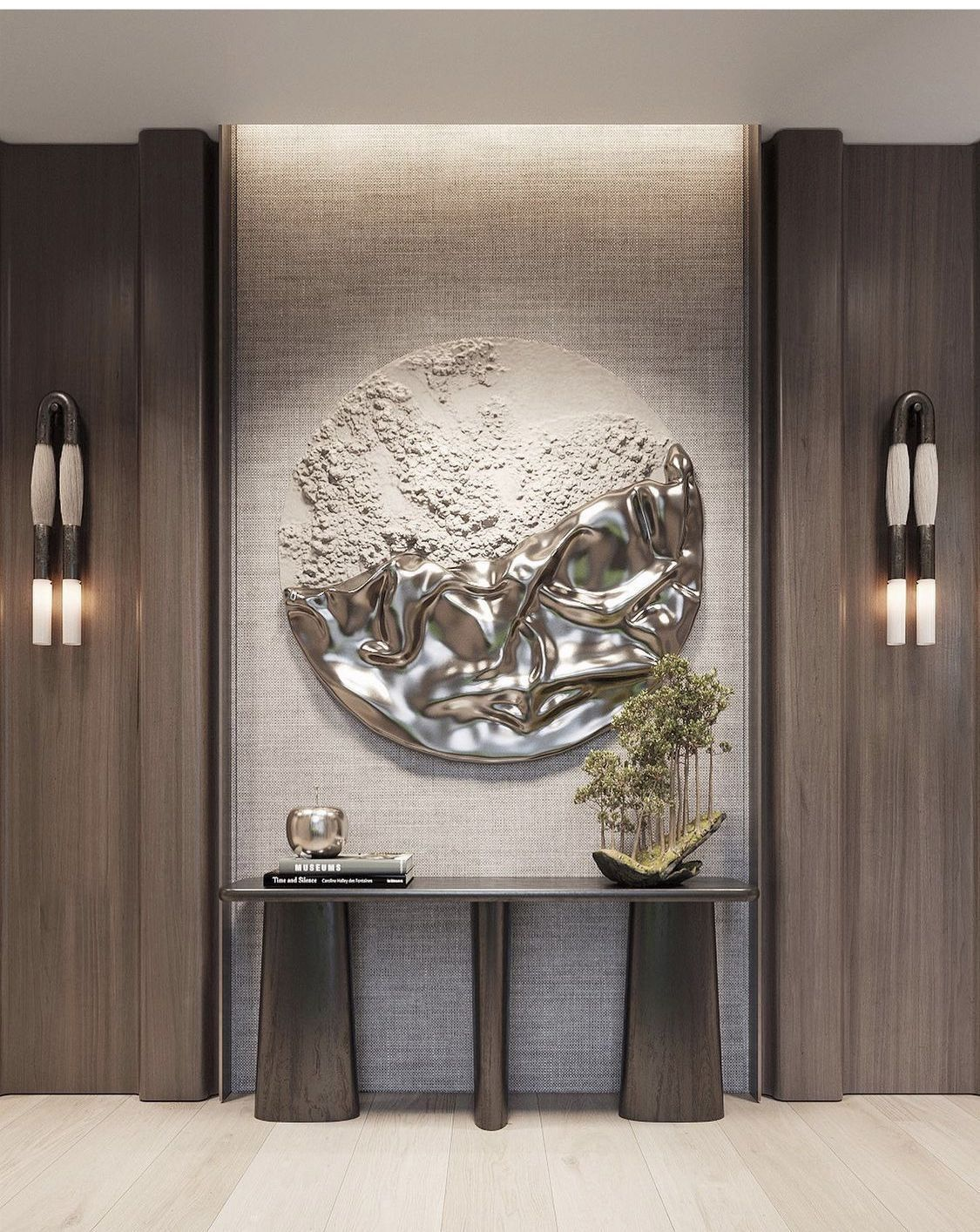 Luxury Entryway with Fabric Wall Background and Dark Wood Panels