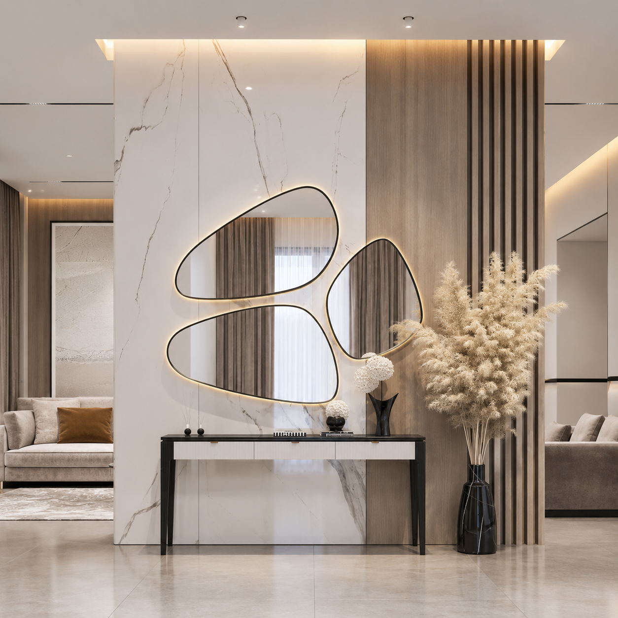 Luxury Entryway Design with Marble-Effect and Wood-Effect Wall Panels