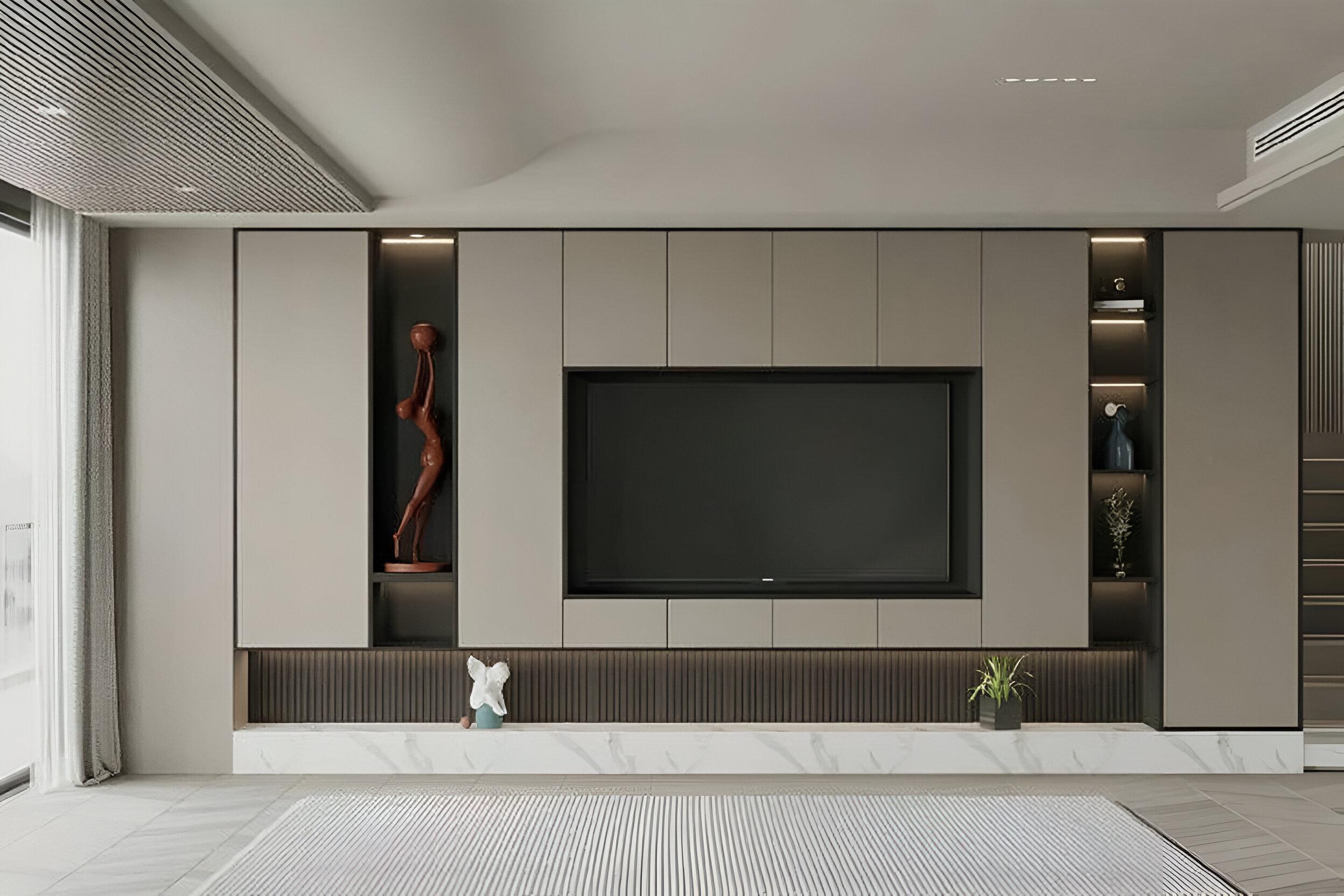 جدار تلفاز رمادي دافئ