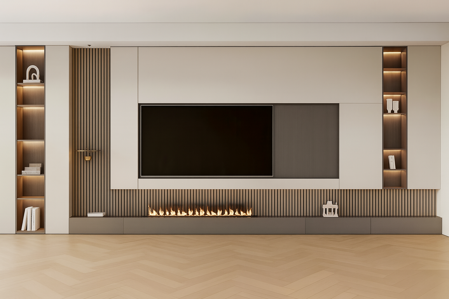 وحدة تلفاز مع مدفأة مدمجة