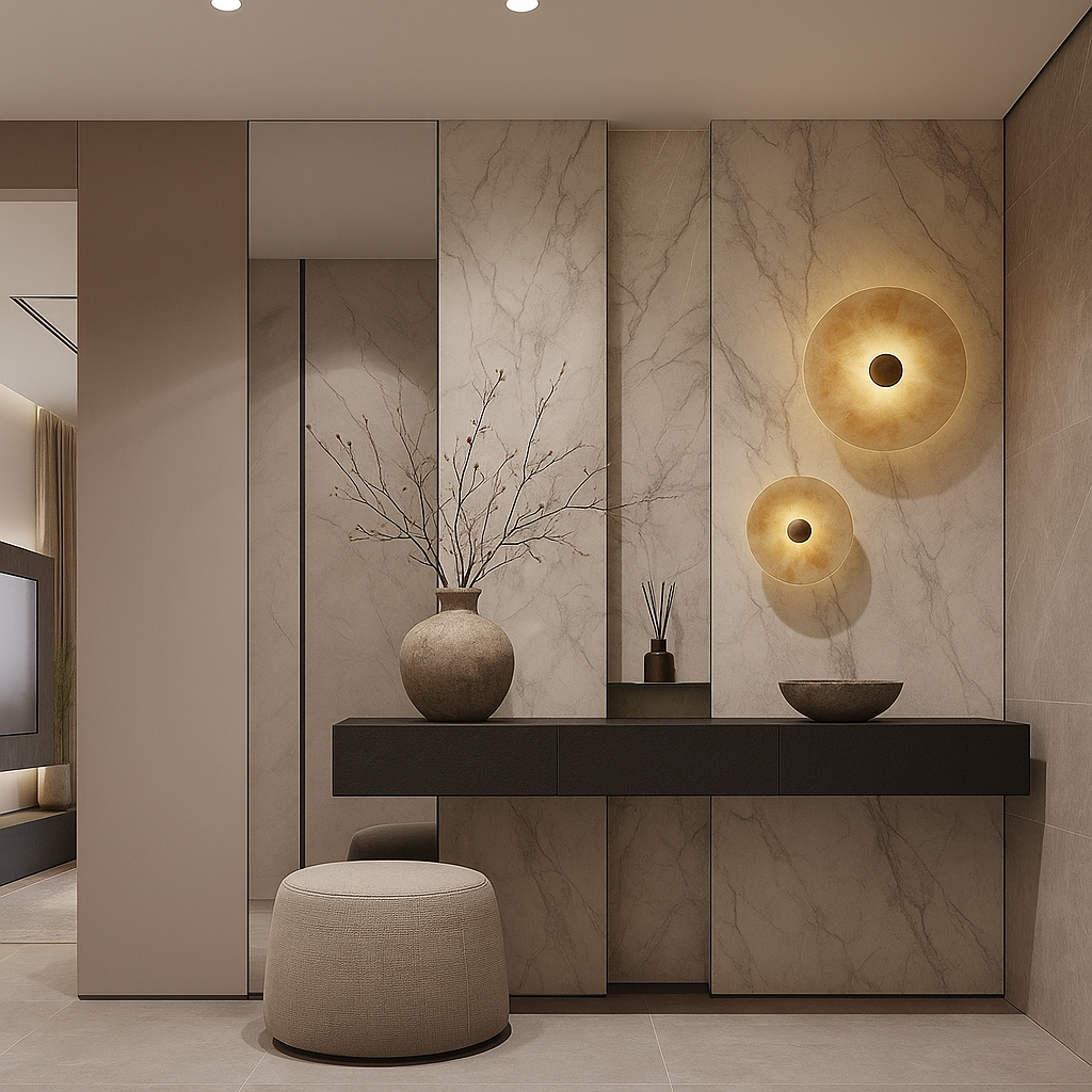 ديكور مدخل مودرن بخلفية رخام وإضاءة جدارية فاخرة