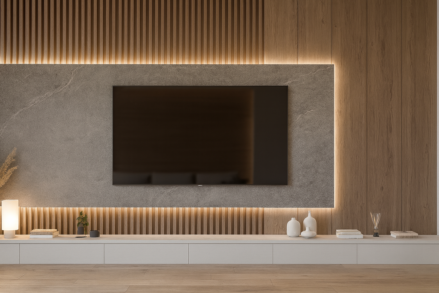 جدار تلفاز حجري خشبي